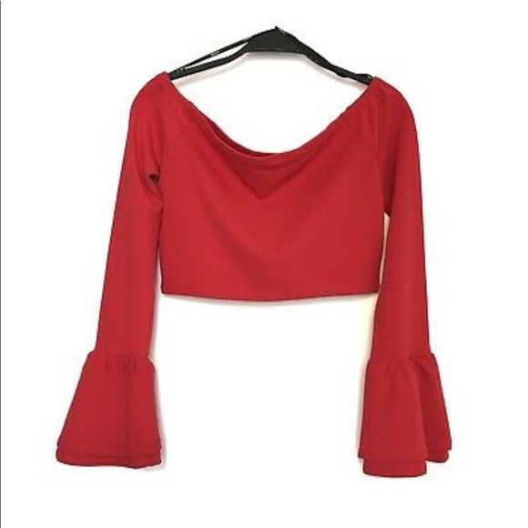 **LIGHTLY WORN** Forever 21 Knit Top Off Shoulder Crop Top Red Bell Sleeves - S - Picture 1 of 2